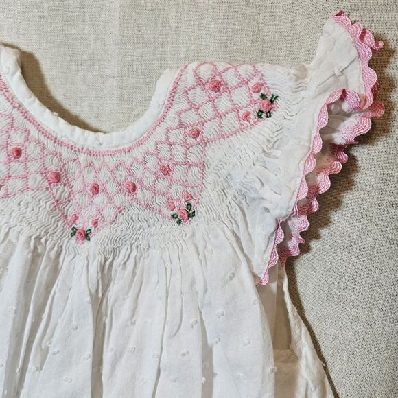 Sweet Southern Smock White Swiss Dot Pink Rose Smocking Ruffle Sleeve Girl 2T - Picture 2 of 9